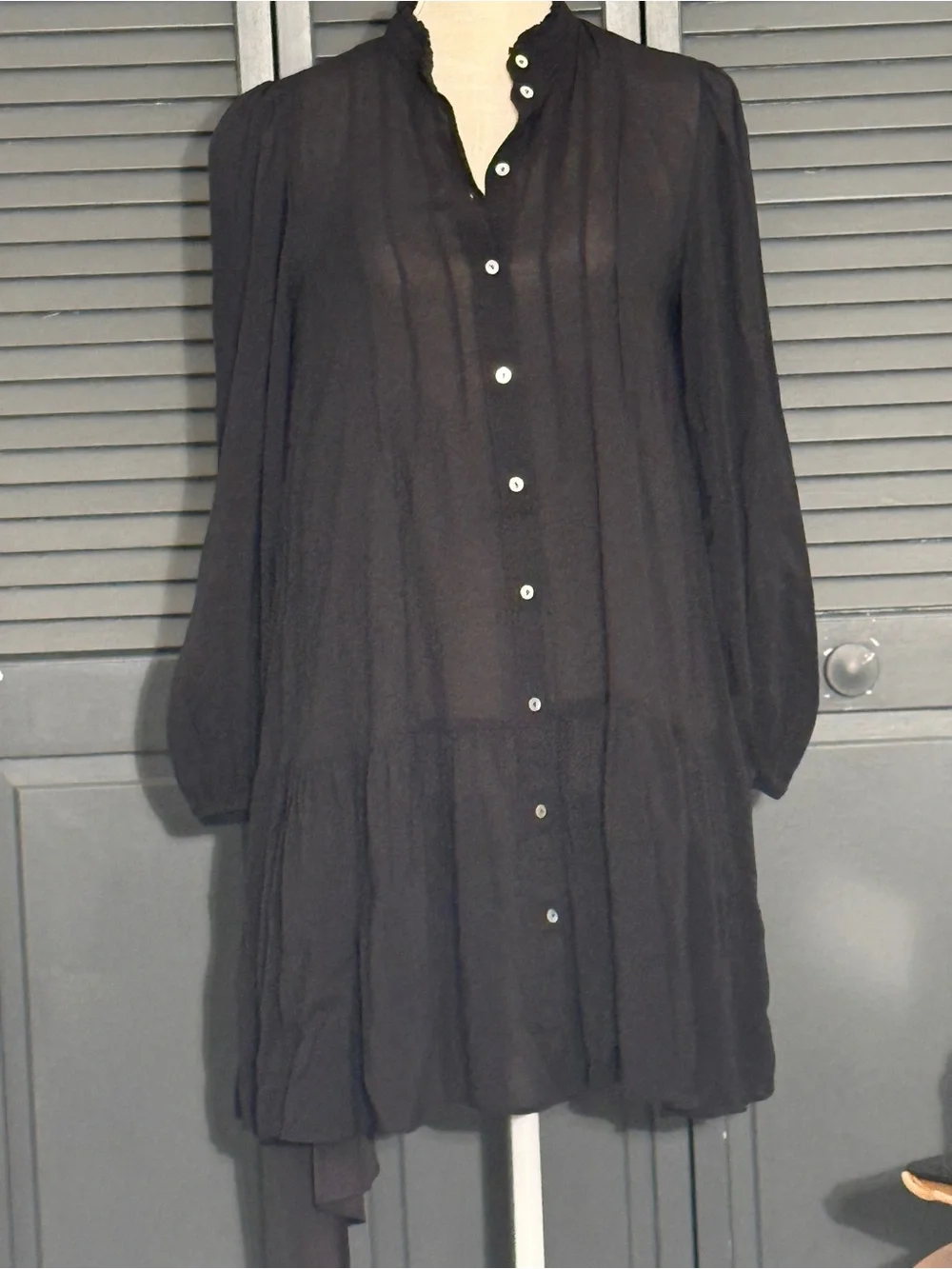 MANGO (MNG) Black Ruffle Neck Pleated Mini Dress / Tunic Sz S Semi-Sheer Boho